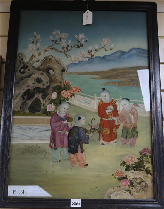 A Chinese reverse painting on glass, hardwood frame, image 67 x 45cm